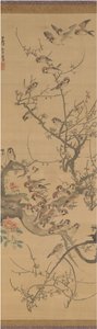 Spatzen in einem Pflaumenbaum, frühe 1790er Jahre von Nagasawa Rosetsu