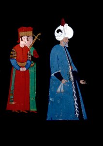 Porträt des osmanischen Sultans Soliman I. des Prächtigen (1494-1566), begleitet von zwei bewaffneten Wachen