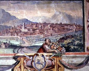 Schlafzimmer, Detail des Frieses, der Städte unter der Herrschaft der Medici darstellt, möglicherweise Volterra
