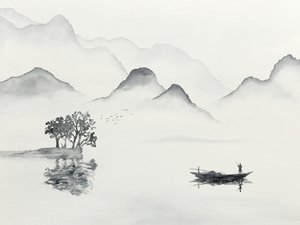 Gelassener Bergsee mit Boot von Natalie Bruns