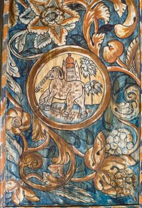 Gemälde eines Elefanten, der einen Tempel in einer ländlichen Synagoge des 18. Jahrhunderts trägt