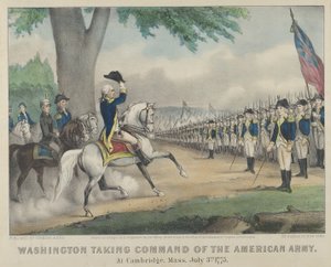 Washington übernimmt das Kommando über die amerikanische Armee - In Cambridge, Massachusetts, 3. Juli 1775 von Currier and Ives