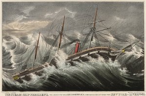 Das Dampfschiff President, das größte der Welt, kommandiert von Leutnant Roberts während seiner letzten Reise von New York (USA) nach Liverpool (England), im Sturm vom 12. März