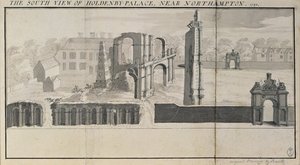 Südansicht von Holdenby House und Ruinen, wie sie 1729 zu sehen waren von Nathaniel and Samuel Buck