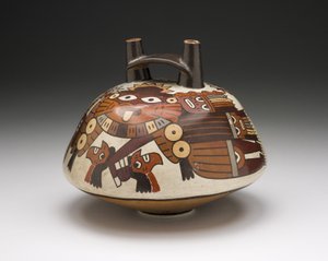 Gefäß, das einen maskierten Krieger zeigt, der Trophäenköpfe hält, 180 v. Chr.-500 n. Chr. von Nazca Culture