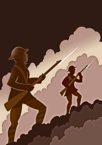 Soldaten des Ersten Weltkriegs mit Bajonetten - aus den Schützengräben auftauchend