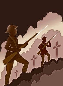 Soldaten des Ersten Weltkriegs mit Bajonetten - aus den Schützengräben auftauchend