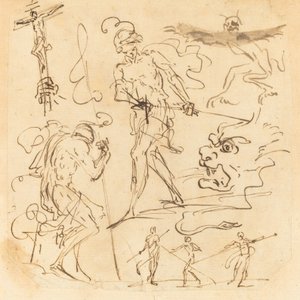 Blatt mit Studien eines Soldaten, der ein Schwert zieht, eines Kruzifixes, monströser Tiere und anderer Figuren von Neapolitan 17th Century