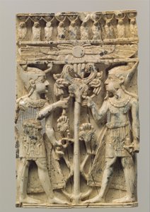 Möbelplakette, hochreliefgeschnitzt mit zwei ägyptisierenden Figuren, die einen Volutenbaum flankieren, ca. 9.-8. Jahrhundert v. Chr. (Elfenbein) von Neo Assyrian