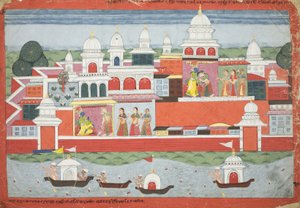 Rukmini bittet Krishna um Erlaubnis, ihren Bruder Rukma zu besuchen, Seite aus einem Manuskript des Bhagavata Purana, ca. 1775