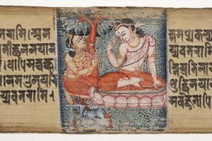 Sudhana kniet vor einem Bodhisattva, aus dem Gandavyuha von Nepalese School