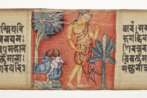 Sudhana reist durch eine felsige Landschaft mit zwei Bullen, aus dem Gandavyuha von Nepalese School