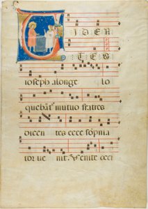 Joseph und seine Brüder am Brunnen, Initiale V aus einem Antiphonar