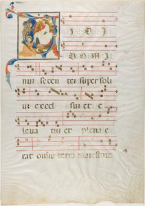 Heiliger kniet vor Gott auf einem Thron in einem historisierten Initial "V" aus einem Antiphonar von Neri da Rimini