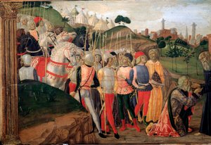 Totila, König der Ostgoten, besucht Benedikt von Nursia (Detail der Predelle)
