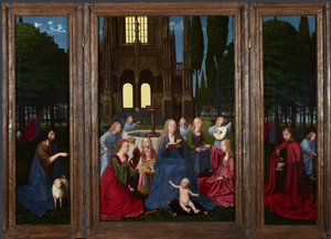 Die Jungfrau und das Kind mit Heiligen und Engeln in einem Garten von Netherlandish Master