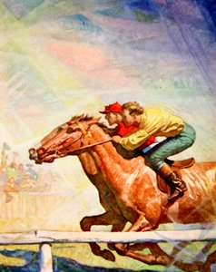 Fluchend und peitschend zog der Jockey zum Ziel (Farblithografie) von Newell Convers (after) Wyeth