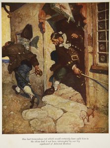 Ein letzter gewaltiger Hieb, der ihn sicherlich bis zum Kinn gespalten hätte, wäre er nicht von unserem großen Schild des Admirals Benbow abgefangen worden, eine Illustration aus Die Schatzinsel von Robert Louis Stevenson