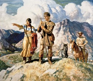 Sacagawea mit Lewis und Clark während ihrer Expedition 1804-06