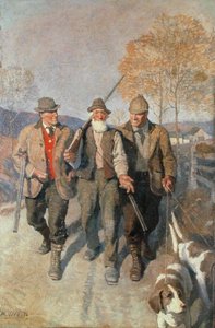 Drei Jäger und Hunde