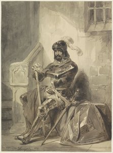 Sitzender mittelalterlicher Ritter in Rüstung
