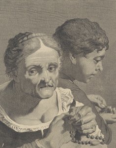 Kopie in umgekehrter Richtung einer alten Frau mit einem Rosenkranz und einem Jungen, der Münzen zählt, Platte 10 von Niccolò Cavalli