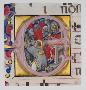 Manuskript-Illumination mit dem Martyrium des Heiligen Stephanus in einem Initial E von Niccolò di Giacomo da Bologna