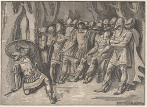 Ajax unten links hält ein Schild hoch, rechts steht Agamemnon umgeben von seinen Leuten, 1540-50