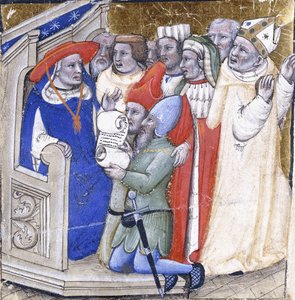 Ein Kardinal, der über einen Bischof urteilt, angeklagt von zwei Laien, um 1380 von Niccolo di Giacomo