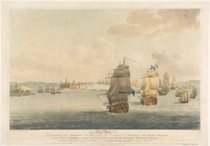 Nach Pocock, dieser Druck stellt die britische Flotte unter dem Kommando von Admiral Sir Hyde Parker dar, mit Vizeadmiral Lord Nelson, K.B. und Konteradmiral Thomas Graves