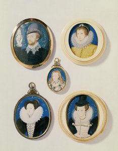 Miniaturen, von L nach R, T nach B: Mann mit einer Hand aus einer Wolke; Unbekannter junger Mann, 1588; Mrs. Holland im Alter von 26, 1593; Arabella Stuart, Herzogin von Lennox; Unbekannte Dame