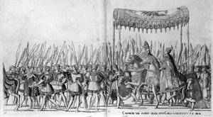 Der Einzug von Papst Clemens VII. und Kaiser Karl V. in Bologna am 24. Februar 1530, Platte 27, ca. 1530 von Nicholas Hogenberg