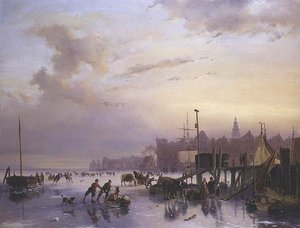 Eine Winterflusslandschaft mit zahlreichen Schlittschuhläufern von Nicholas Jan Roosenboom