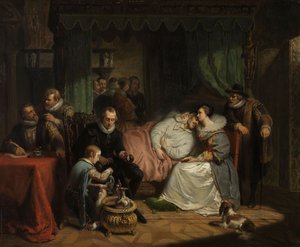 Prinz Wilhelm I. wird von seiner Frau Charlotte de Bourbon nach dem missglückten Attentat von Jean Jaurequi in Antwerpen 1582 gepflegt