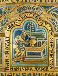 Aaron legt ein goldenes Gefäß mit Manna in die Bundeslade, als Erinnerung an die Wanderungen der Israeliten in der Wüste von Nicholas of Verdun