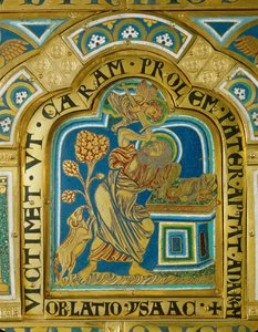 Der Engel verhindert, dass Abraham Isaak opfert, und zeigt auf den Widder von Nicholas of Verdun