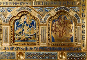 Verdun-Altar aus Gold und Emaille von Nicolas de Verdun (ca. 1130/50-1205): Szenen aus dem Alten und Neuen Testament: Detail, das die Toten zeigt, die am Tag des Jüngsten Gerichts aus ihren Gräbern kommen, und die Verdammten, die in den Flammen der Hölle b von Nicholas of Verdun