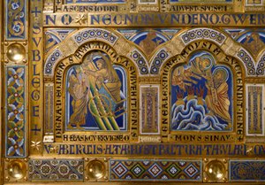 Verduner Altar: Himmelfahrt des Elija und Moses empfängt die Gesetzestafeln (Detail) von Nicholas of Verdun
