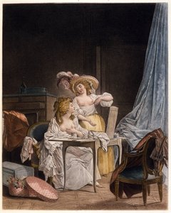 Der Vergleich. Zwei Frauen vergleichen die Größe ihrer Brust. Gravur von Nicolas Lavreince (1737-1807), um 1782 von Niclas II Lafrensen
