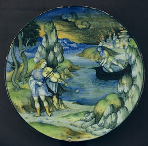 Orpheus und Charon, Majolika-Teller, ca. 1515
