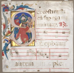 Fragment eines Antiphonars mit historisierter Initiale (S): Die Steinigung des heiligen Stephanus von Nicolò da Bologna