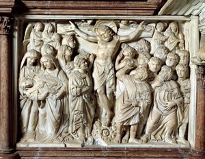 Italien, Toskana, Pisa, Piazza dei Miracoli, Kathedrale, Marmorkanzel, Tafel mit Kreuzigung von Nicola Pisano
