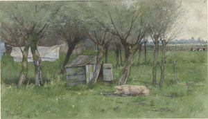 Bauernhof mit liegendem Schwein von Nicolaas Bastert