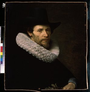 Porträt eines Mannes mit schwarzem Hut. Ein holländischer Notable, der eine Krause und einen Hut trägt. Gemälde von Nicolas Eliasz (1591-1655) 17. Jahrhundert Mikhail Kroshitsky Kunstmuseum, Sewastopol (Sebastopol) Ukraine