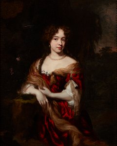 Dreiviertelporträt einer Dame in einem roten Kleid