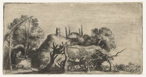 Landschaft mit einem Brunnen und einem Wagen