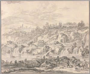 Landschaft mit Wasserfällen und Brücken, Bauern im Vordergrund von Nicolaes Berchem