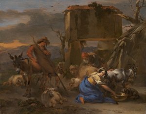 Pastorale Szene mit einer Schäferin, die eine Ziege melkt von Nicolaes Berchem