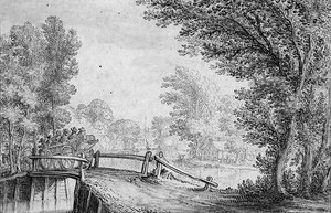 Landschaft mit einem Wagen, der eine Brücke überquert von Nicolaes Jansz  Visscher