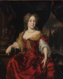 Porträt einer Dame in einem roten Kleid von Nicolaes Maes